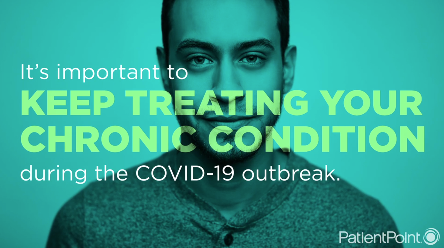 A young man stands and looks at the camera while text on screen appears that says "It's important to keep treating your chronic condition during the COVID-19 outbreak."