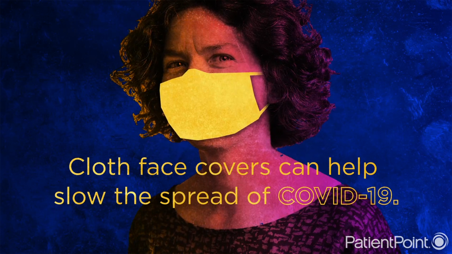 A woman wears a face mask. Text appearing over the image says "cloth face covers can help slow the spread of COVID-19."