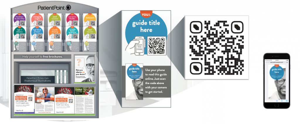 PatientPoint brochure display showing an example of a health education brochure with a QR code for touchless access.