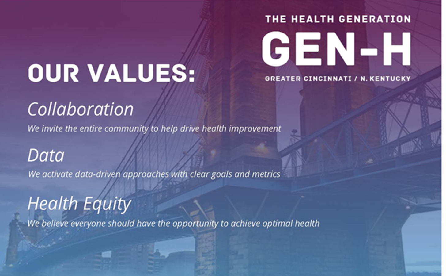 A listing of community health improvement initiative Gen-H's values, which inclue collaboration, data and health equity.
