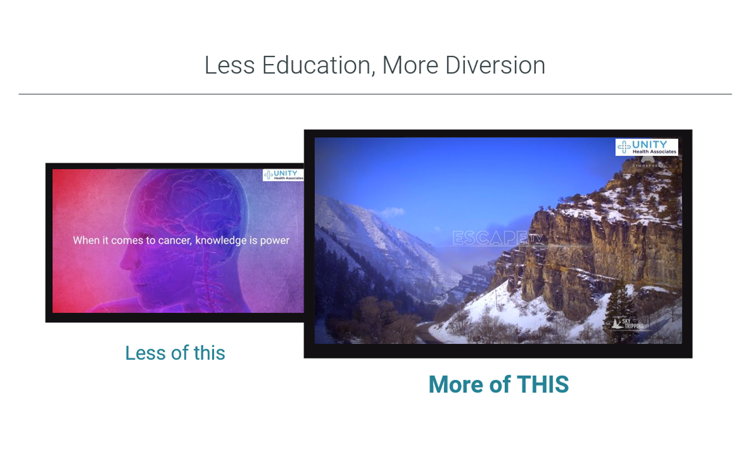 Two images with the headline "Less Education, More Diversion." The image on the left is portraying anatomy of the head; the image on the right features snowcapped mountains.