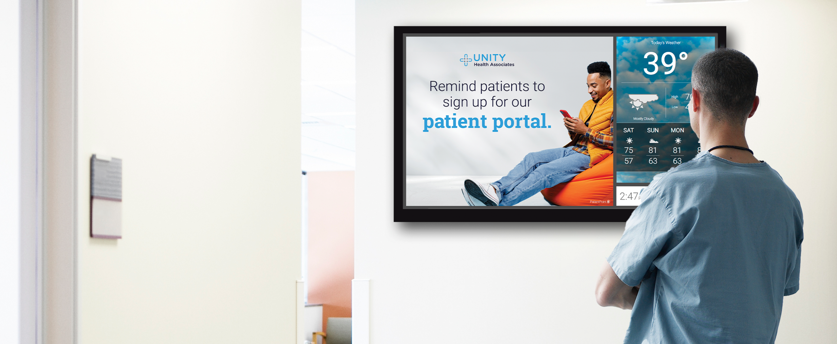 A provider looking at a back office screen saying "Remind patients to sign up for our patient portal"